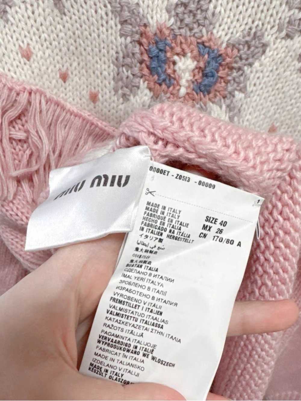 🚩steal Miu Miu Pink Fringe Yoke Sweater with Cream Floral Knit - Picture 3 of 4